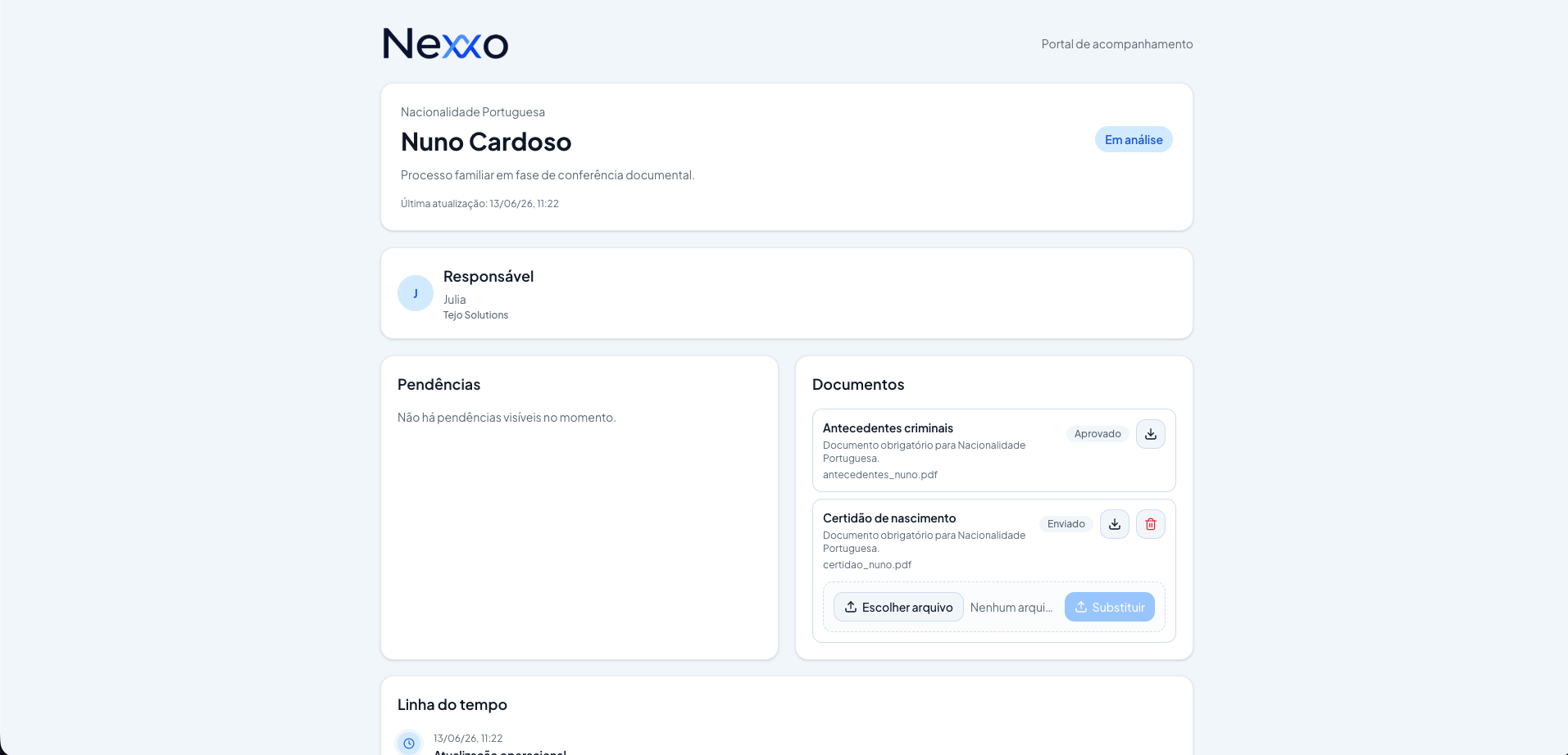 Tela real do portal de acompanhamento do cliente no Nexxo